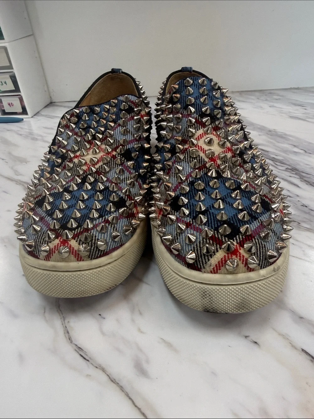 Christian Louboutin Blue Plaid Spike-Embellished Slip-Ons